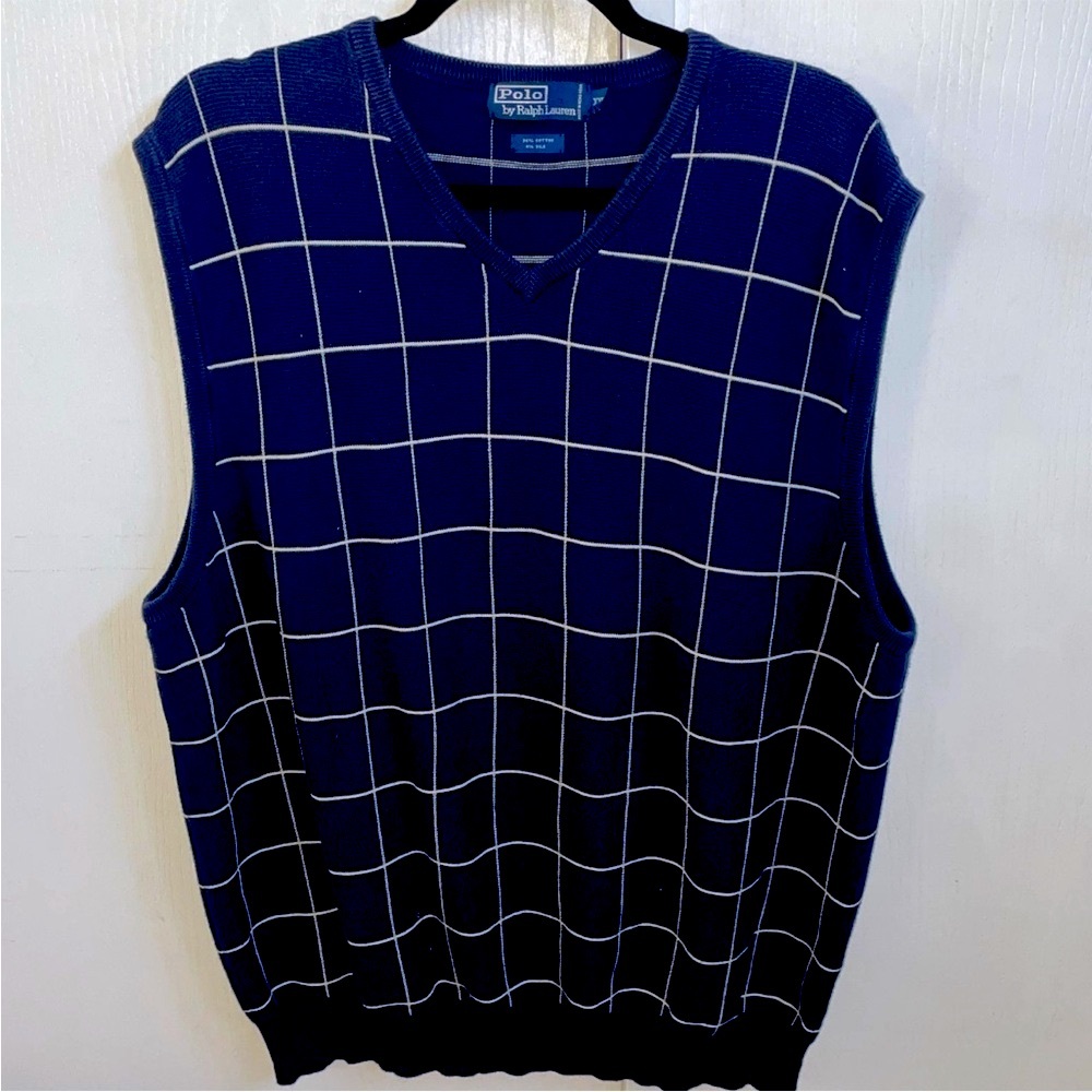 Vintage 90s Polo Ralph Lauren Silk Cotton Blend Sweater Vest Window Pane Mens